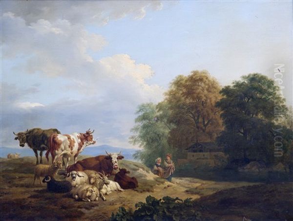Troupeau Au Repos Et Deux Femmes Conversant Oil Painting by Pierre Louis De La Rive