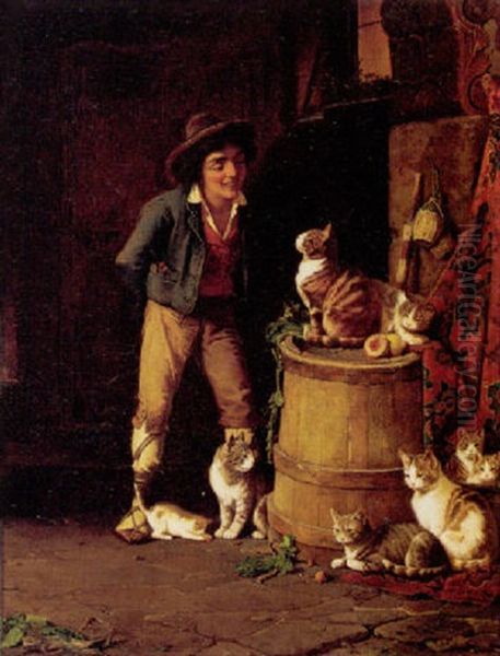 Kokkeninterior Med Dreng Og Katte Oil Painting by Alexander Rizzoni
