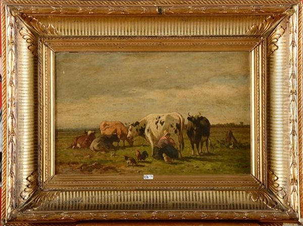 Fermiere Et Ses Vaches Au Pre Oil Painting by Louis Marie Dominique Romain Robbe