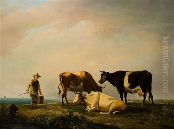 Les Vaches Dans La Prairie Oil Painting by Louis Marie Dominique Romain Robbe