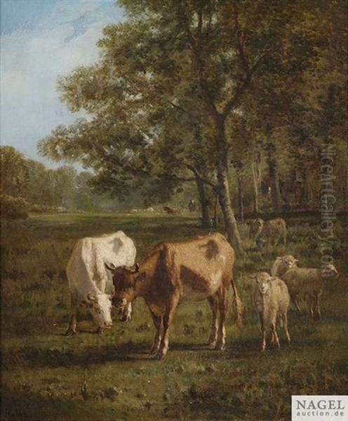 Kuhe Und Schafe Auf Sommerlicher Weide Oil Painting by Louis Marie Dominique Romain Robbe