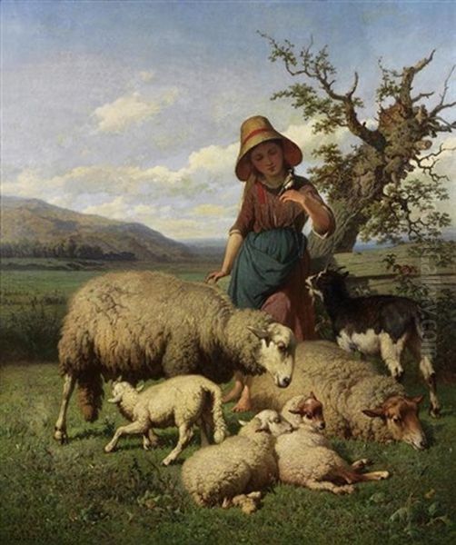 Hirtenmadchen Mit Schafherde Oil Painting by Louis Marie Dominique Romain Robbe