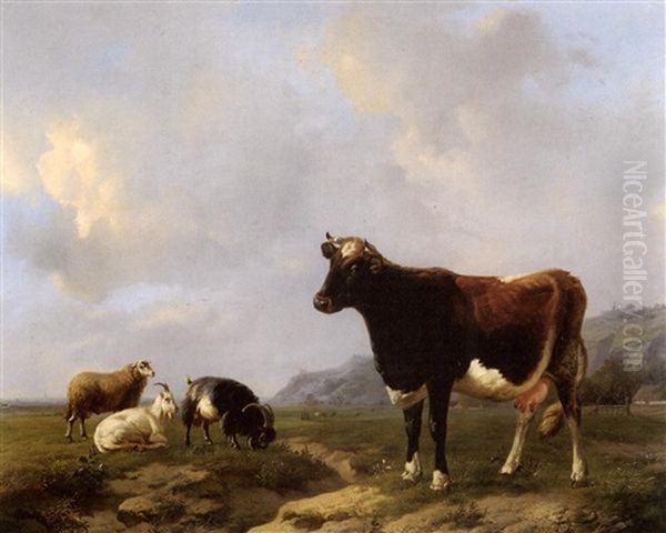 Vache Et Moutons Dans Une Prairie Oil Painting by Louis Marie Dominique Romain Robbe