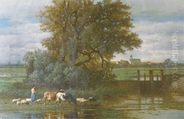 A Country Idylle Oil Painting by Louis Robbe