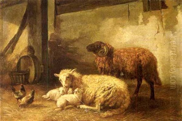 Stall Mit Schafen Und Huhnern Oil Painting by Louis Robbe