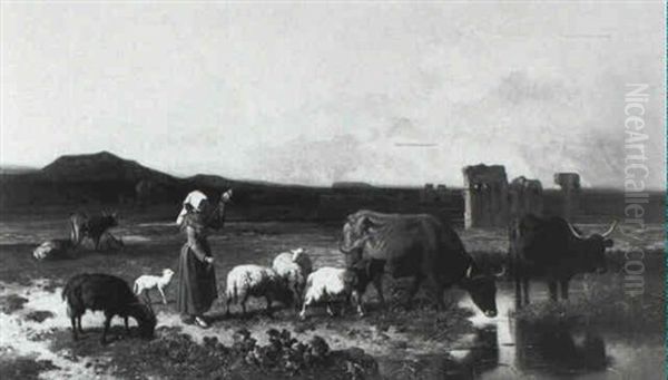 Herderin Met Vee In Een Met Ruines Bezaaid Landschap Oil Painting by Louis Robbe
