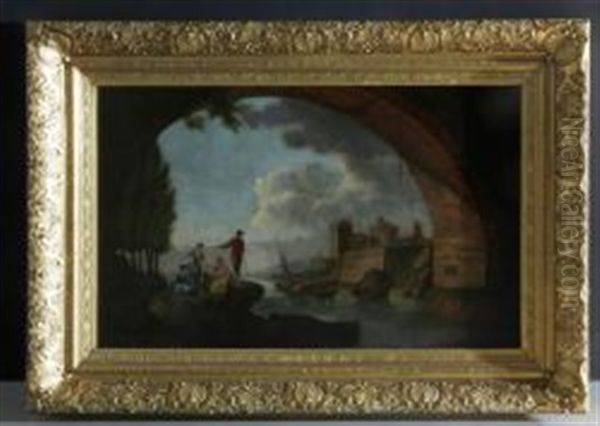 People At A River With Cattle In The Background Oil Painting by Hubert Robert