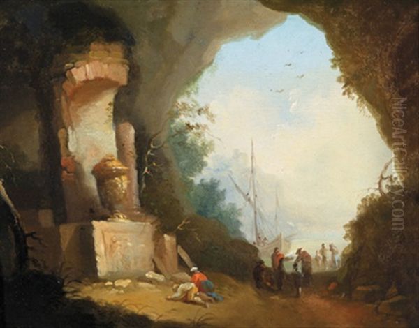 Eine Felsgrotte Mit Figuren Vor Einem Antiken Monument Und Blick Auf Das Offene Meer Oil Painting by Hubert Robert