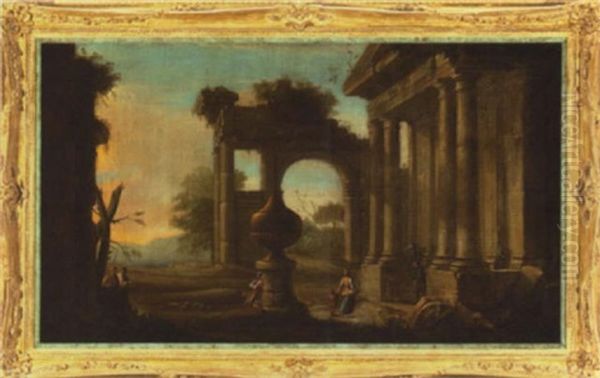 A Capriccio With Urn, Ruins And Figures Oil Painting by Hubert Robert