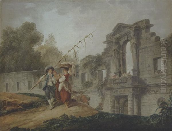 Washerwomen And A Youth On A Hill, Before The Facade Of A Ruined Renaissance Palace Oil Painting by Hubert Robert