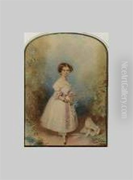 A Young Girl Standing In A Glade, With Auburn Curls, Wearing White Dress With Pink Bow Waistband And Trim, Black Lace Gloves, Holding A Posy Of Flowers, Her Straw Bonnet At Her Feet Oil Painting by Francois Theodore Rochard
