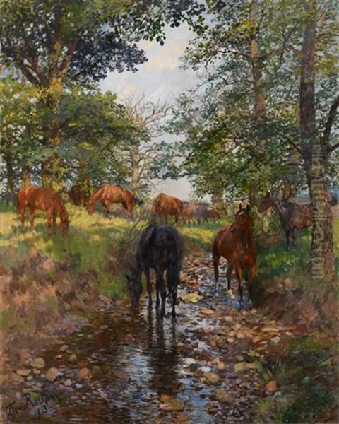 Pferde Im Mauerpark Der Sababurg Oil Painting by Theodor Rocholl
