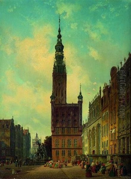 Gotisches Rathaus Und Vorderer Teil Des Langen Marktes In Danzig Oil Painting by Carl Gustav Rodde