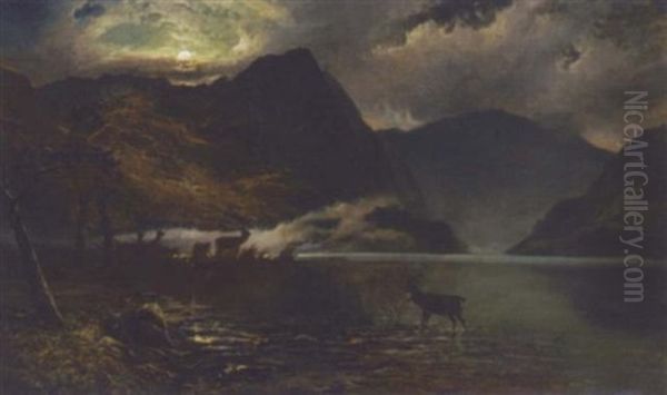 Stags Watering By A Moonlit Loch Oil Painting by Clarence Henry Roe
