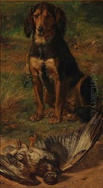 A Hunting Dog In Front Of A Dead Bird Oil Painting by Jorgen Roed