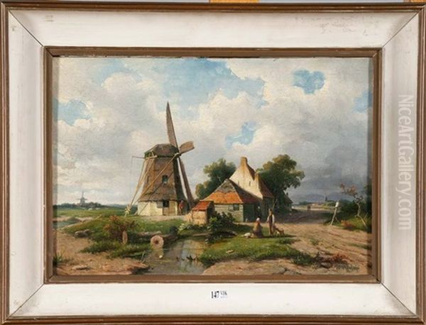 Paysage Anime Au Moulin A Vent Oil Painting by Willem Roelofs