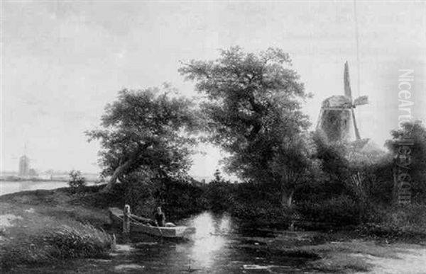 A Wooded River Landscape With An Angler In A Rowing-boat By A Wind-mill Oil Painting by Willem Roelofs