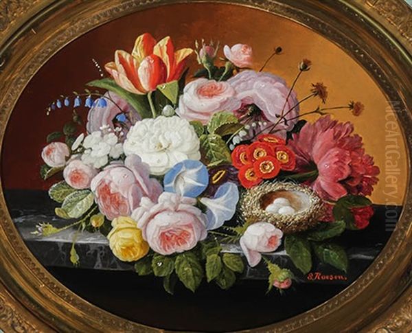 Table Top Still Life With Flowers And Bird's Nest With Eggs Oil Painting by Severin Roesen