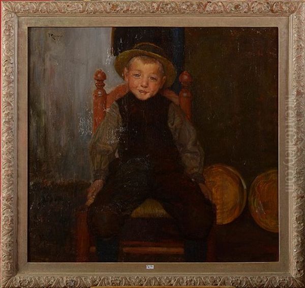 Jeune Garcon Au Chapeau De Paille Assis Dans Un Interieur Oil Painting by Louis Albert Roessingh