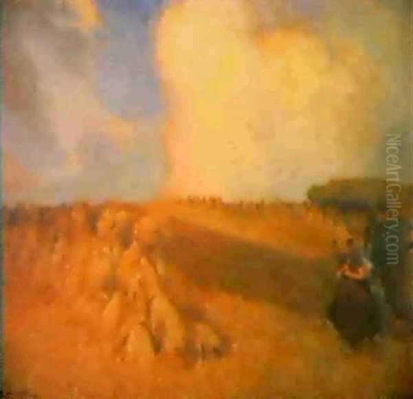 Korenveld Na Het Onweer. Champs De Ble Apres L'orage. Oil Painting by Louis Albert Roessingh