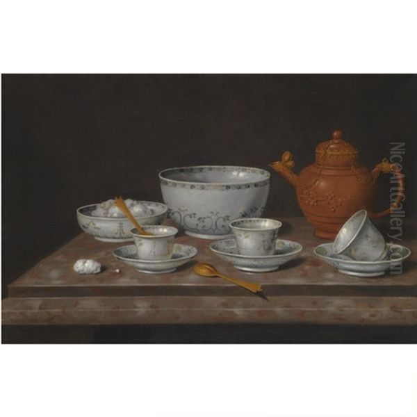 A Still Life Of A Yixang Metal-mounted Teapot On A Stone Ledge With Eight Chinese Export Pieces Oil Painting by Pieter Gerritsz van Roestraten