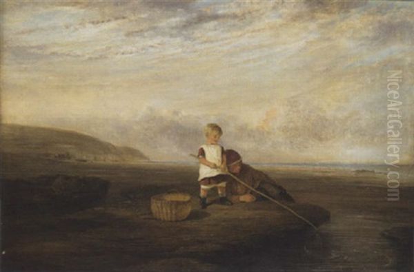 Children By A Rock Pool Oil Painting by Philip Hutchins Rogers