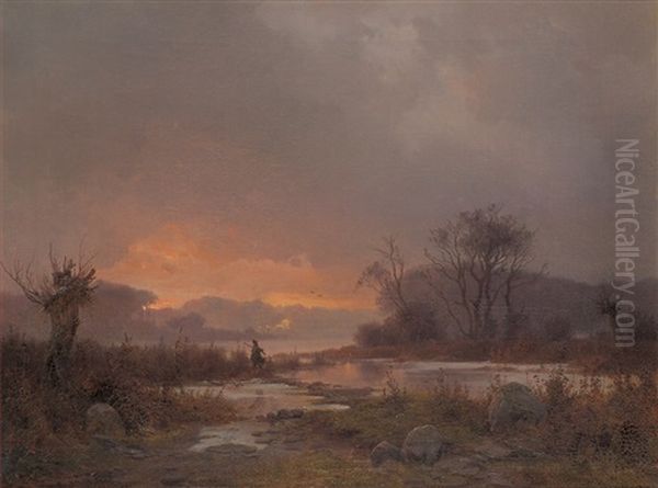 Auenlandschaft Im Spatherbst Mit Entenjager Oil Painting by Frederik Niels Martin Rohde