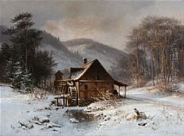 A Winter Day Near An Old Watermill Oil Painting by Frederik Rohde