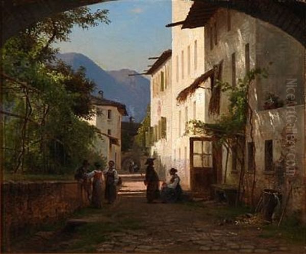 Street View From An Italian Village Oil Painting by Frederik Niels Martin Rohde