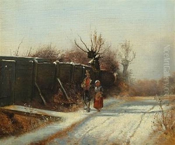 Winterscape With Persons Walking Along A Fence Oil Painting by Frederik Niels Martin Rohde