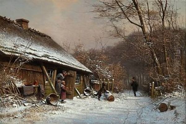 Winter Day In The Woods. A Visitor Is Being Welcomed By A Family In A Thatched House Oil Painting by Frederik Niels Martin Rohde