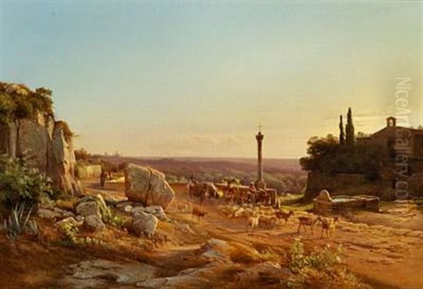 Italian Landscape With A Shepherd In The Mountains, At Sunset Oil Painting by Frederik Rohde