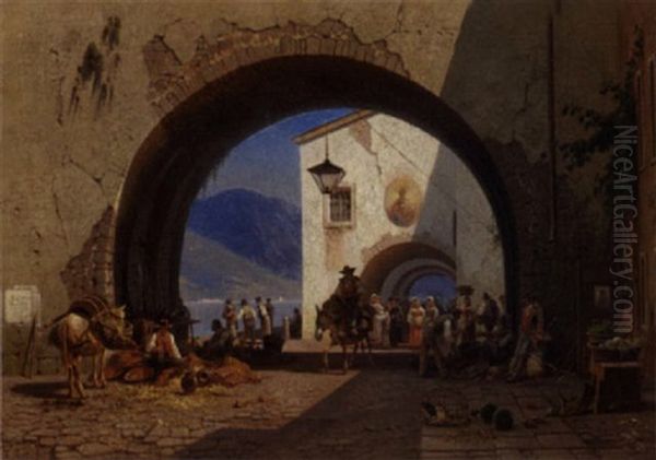 Folkeliv I En Italiensk Landsby Beliggende Ved En So Oil Painting by Frederik Niels Martin Rohde