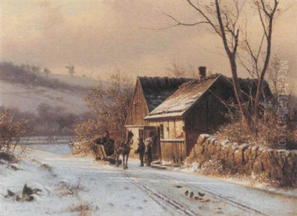 Vinterdag Ved Et Strataekt Hus, En Kane Har Hentet Braende I Skoven Oil Painting by Frederik Rohde