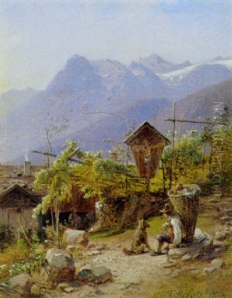 Vinplukker I Italiensk Bjerglandskab Oil Painting by Frederik Niels Martin Rohde