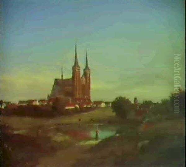 Udsigt Mod Roskilde Domkirke. I Forgrunden Pige Med         Malkespand Oil Painting by Frederik Niels Martin Rohde