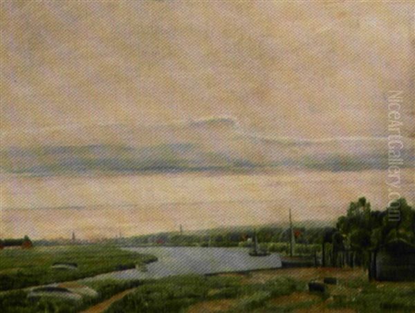 Parti Fra Gudenaen Med Randers By I Baggrunden Oil Painting by Johan Rohde