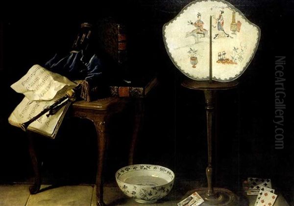 Nature Morte A La Musette, Ecran, Cartes Et Bol De Porcelaine Oil Painting by Henri Horace Roland de la Porte