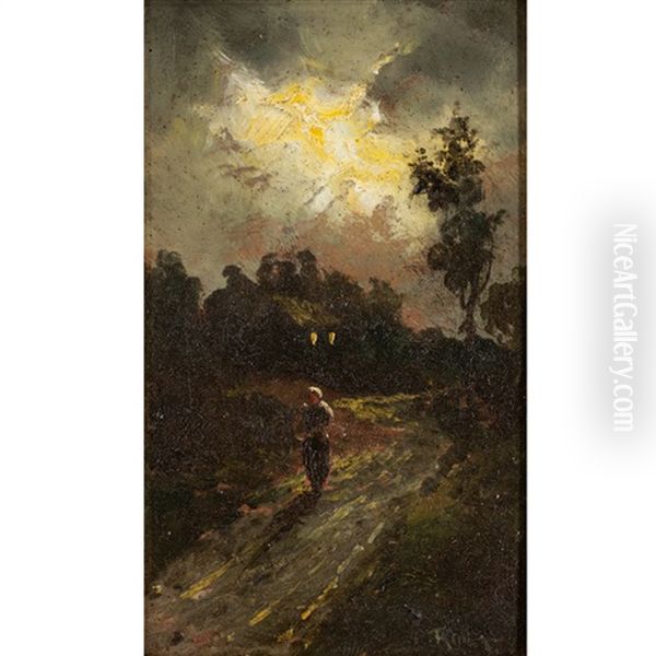 Woman On Rural Path Oil Painting by August H.O. Rolle