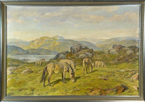 Weite Gebirgslandschaft Mit See Und Einer Herde Pferde Auf Der Weide Oil Painting by Alfred Roloff