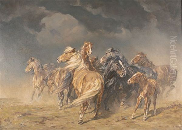 Pferderudel Im Gewittersturm Oil Painting by Alfred Roloff
