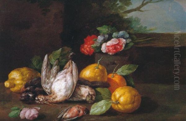 Bodegon Con Aves, Limones, Naranja Y Rosas Oil Painting by Jose Roma