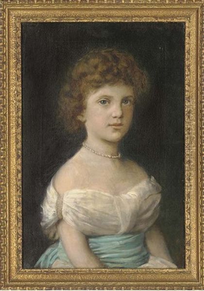 Portrait Of A Young Girl, Seated Half-length, In A Blue Sash And Pearl Necklace Oil Painting by Angiolo Romagnoli