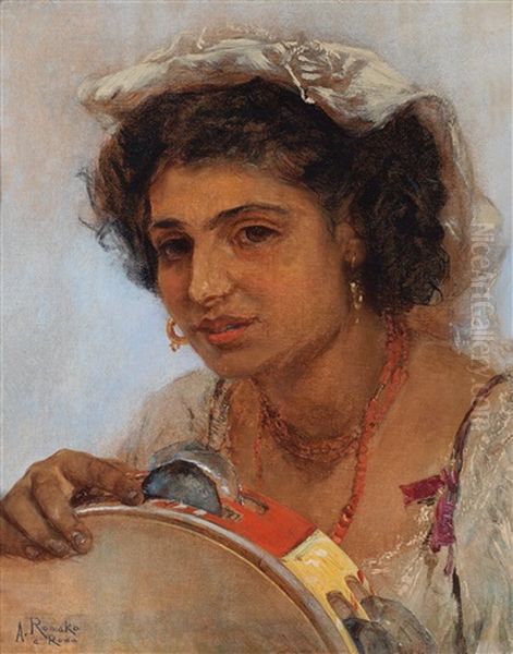 Italian Girl With Headscarf And Tambourine Oil Painting by Anton Romako