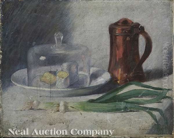 Still Life Of Leeks, Copper Pitcher And Brie Under A Cheese Dome Oil Painting by Marie Jeanne Amelie Roman