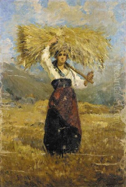 Mujer Recogiendo Paja Oil Painting by Leopoldo Romanach