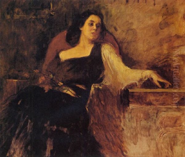 Mujer Sentada Con Flores Oil Painting by Leopoldo Romanach