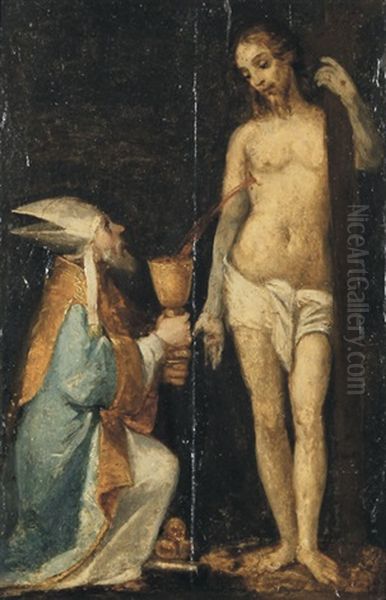 Papst Gregor Der Grose Empfangt In Einem Kelch Das Blut Aus Der Wunde Christi Oil Painting by  Romanino (Girolamo Romani)
