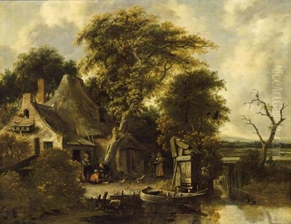 A Wooded Landscape With Peasants In A Courtyard Near A Farm With A Stream In The Foreground Oil Painting by Salomon Rombouts