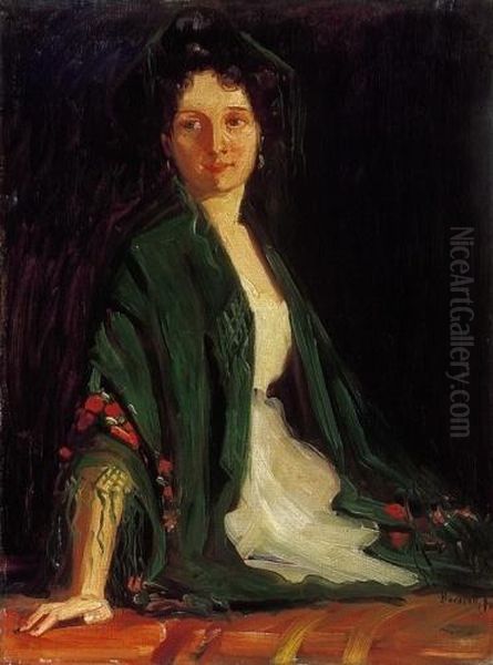 Woman With Green Scarf Oil Painting by Frigyes Borszeky